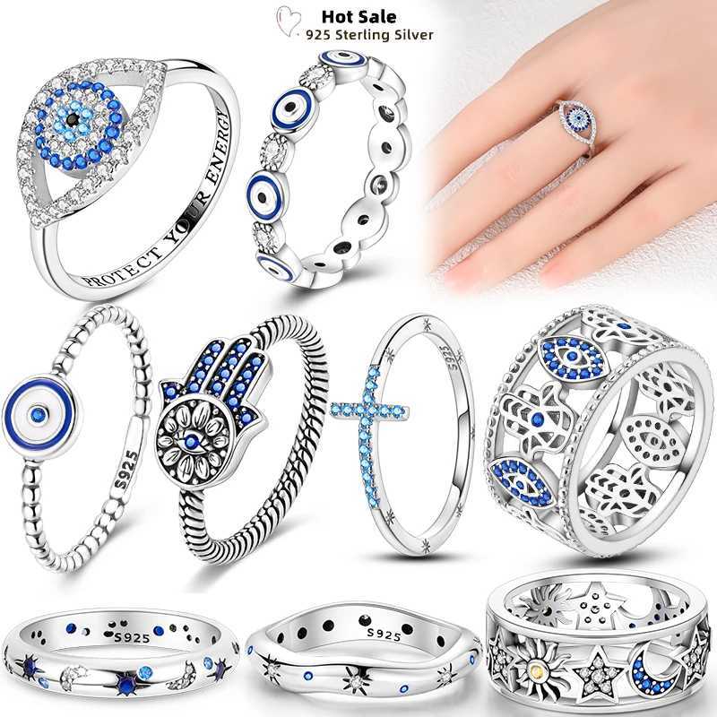 Blue Zircon Devils Eye 925 Sterling Silver Rings For Women Couple Evil Hand Palm Star Moon Stackable Ring Party Charms Jewelry M251215