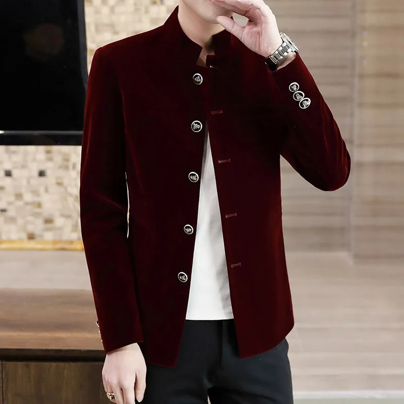 Mens Light Golden Velvet Coat Youth Fashion Trend Solid Color Stand Collar MAO Suit Handsome Boutique Item 251211