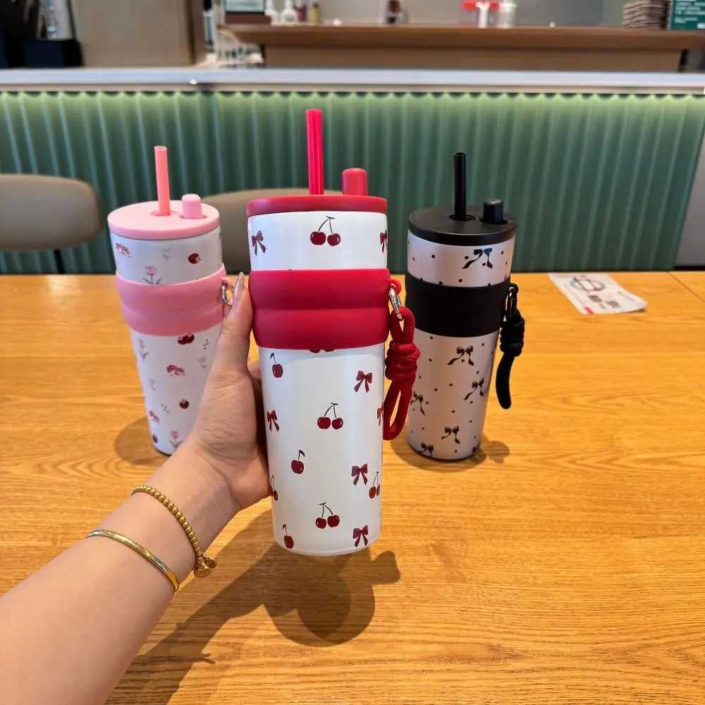 Winter 700ML Red Cherry Thermos Cup Pink Flower Bow Vacuum Cup Gift With Lifting Rope Thermal Water Bottle for Student Children H251215