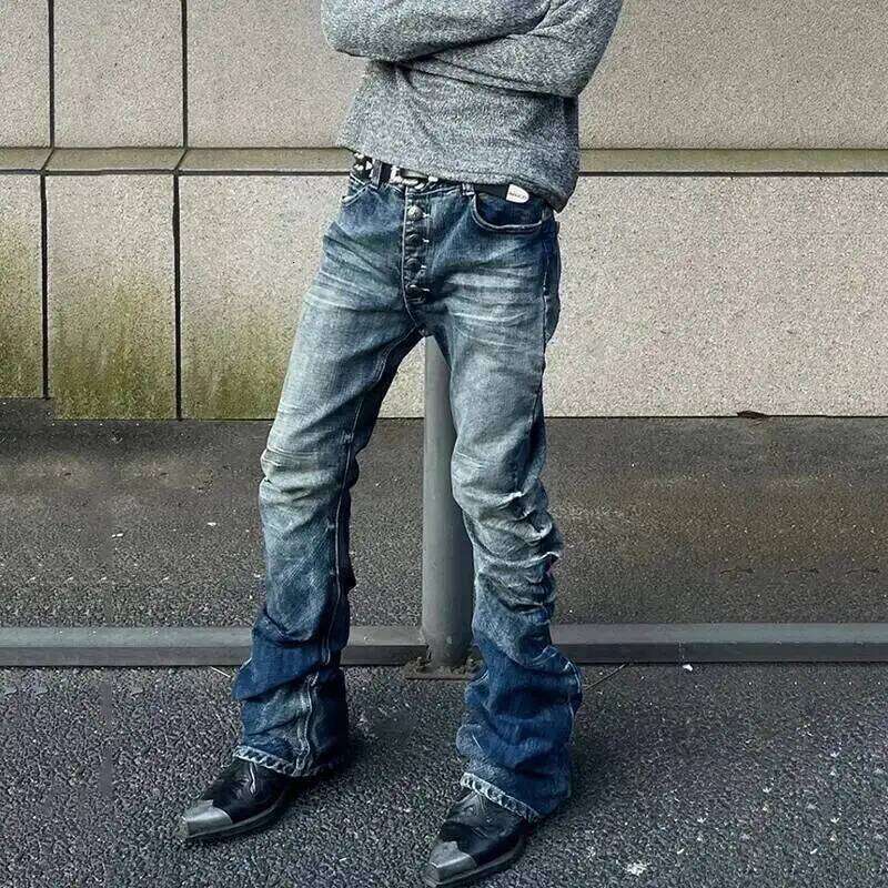 FEWQ American Style Men's Denim Pants Washing Button Design Pleated Loose Jeans Contrast Color Casual Male Bottom Vintage 4K5156 C251215