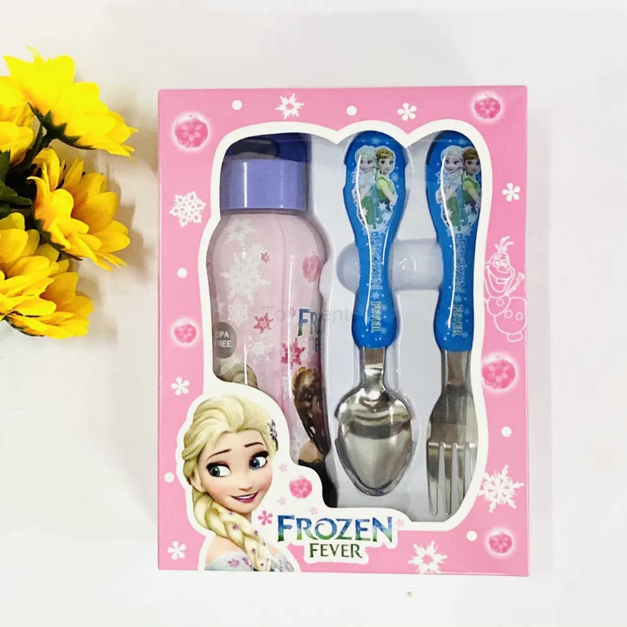 Disney Cars Lightning McQueen Stitch Frozen Cartoon 3Pcs Tableware Set Fork Spoon Water Bottle Childrens Christmas Gift H251215