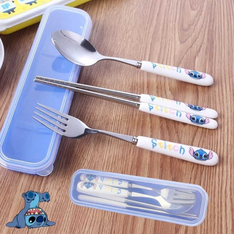 Disney 304 Stainless Kawaii Stitch Cutlery Set Cartoon Spoon Fork Chopsticks Tableware Portable Flatware Set Dinnerware Christmas Gifts H251215