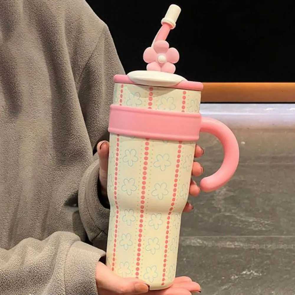 1200ml Straw Thermos Cup Ceramic Inner Stainless Steel Thermos Water Bottle Leakproof Large Capacity Drinking Straw Cup H251215