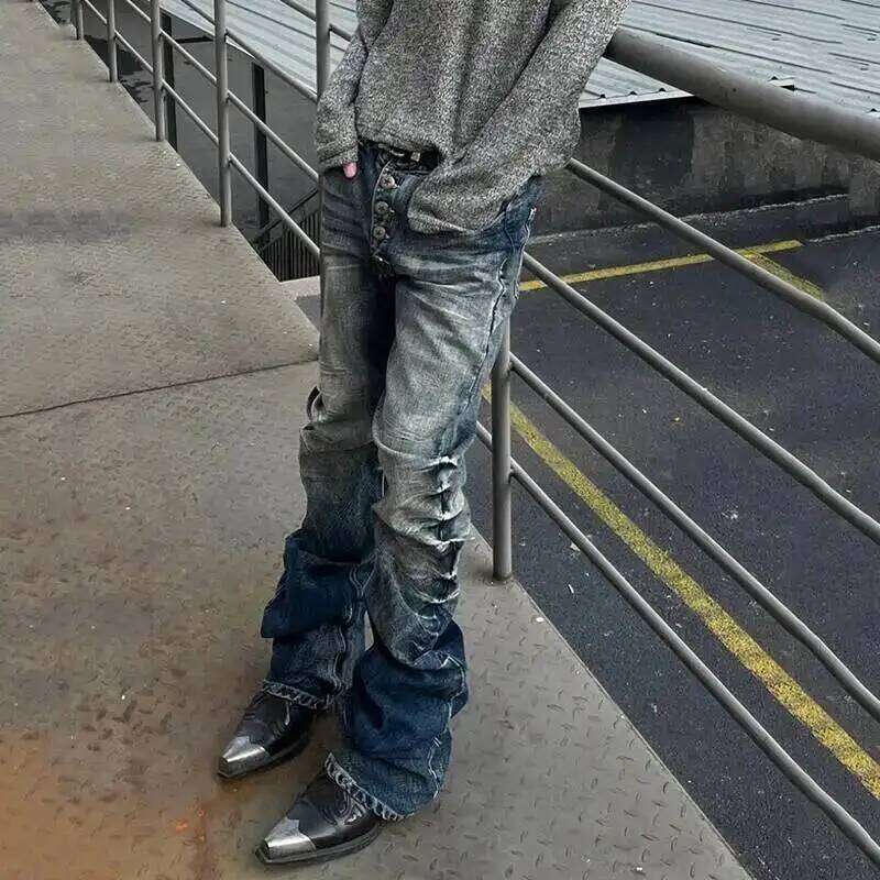 FEWQ American Style Men's Denim Pants Washing Button Design Pleated Loose Jeans Contrast Color Casual Male Bottom Vintage 4K5156 C251215