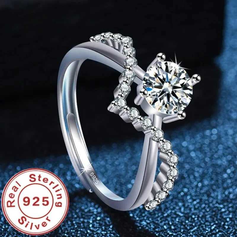 925 Sterling Silver Zircon Couple Ring Adjustable Open Heart-Shaped Men Women Eternal Wedding Anniversary Jewelry M251215