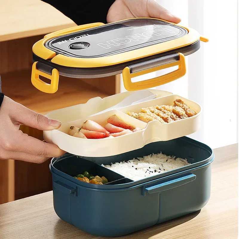 Portable Single Double-layer Lunch Box Cpartment Fruit Food Microwave Lunch Box with Fork and Spoon Picnic Fresh Box H251213