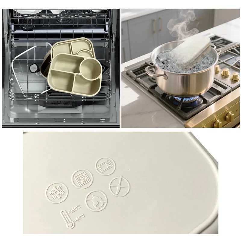 Silicone Lunch Box with Mini Fruit Fork Set 4-Cpartment Leak-Proof Snack Containers for Kids Microwave Safe Food Container H251213