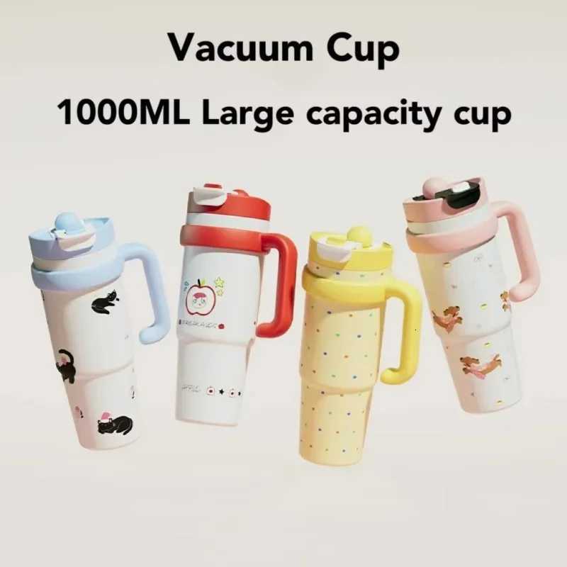 1000ML cute cartoon thermos cup 316 stainless steel ice cup non-slip frosted handle straw Super large capacity thermos cup H251215