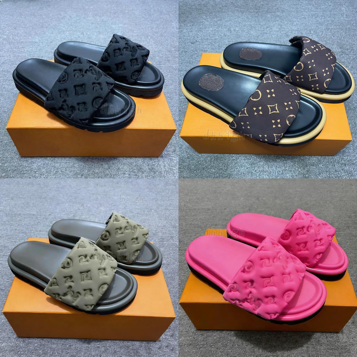 Slippers Designer sandals Sliders Women Men Pool Pillow Flat Mules Slides Print Embossed Summer Sandals Beach Shoes 35-45