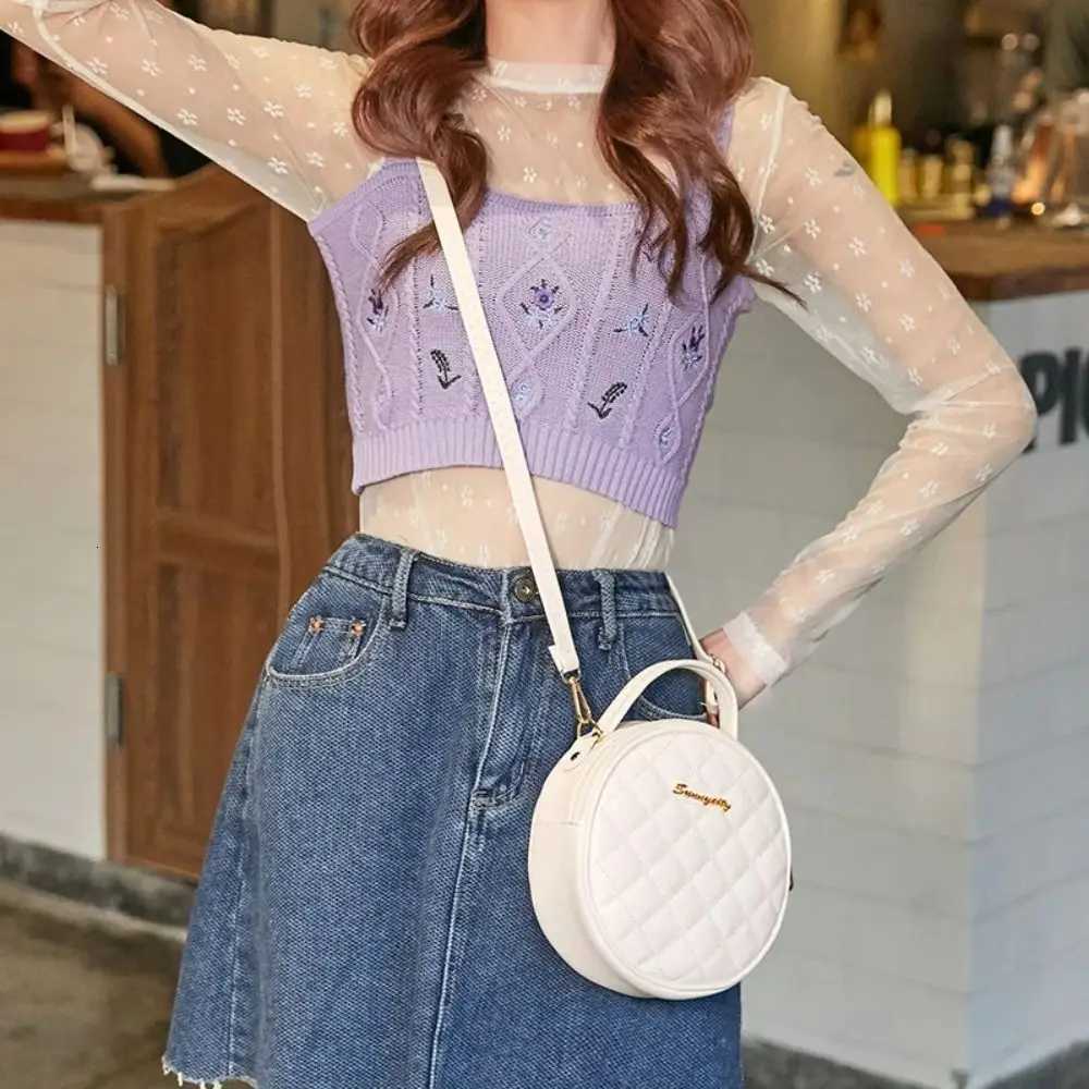 PU Leather Small Round Bag Summer Solid Color Zipper Women Shoulder Bag Lingge Embroidered Travel HandbagT251215