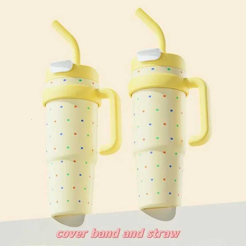 1000ML cute cartoon thermos cup 316 stainless steel ice cup non-slip frosted handle straw Super large capacity thermos cup H251215