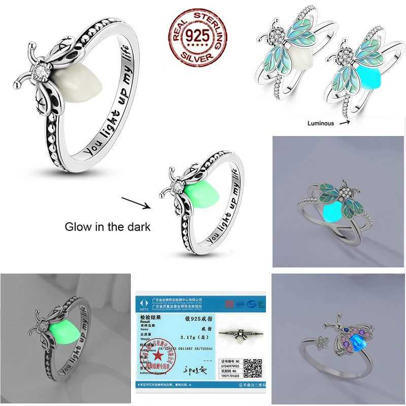 Luminous Firefly 925 Sterling Silver Ring Sparkling Rainbow Color Heart bone Flower Original Rings For Women Wedding Jewelry M251215