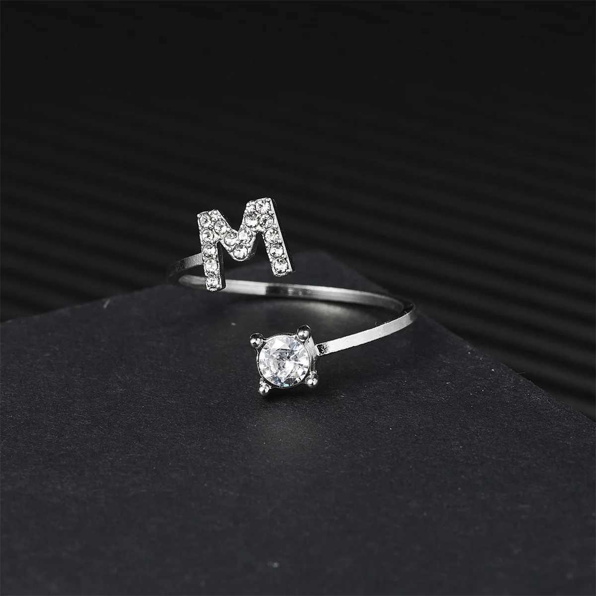 Silver Color Zircon Initial A-Z Letter Rings For Women 26 English Alphabet Adjustable Opening Ring Name Female Wedding Jewelry M251215
