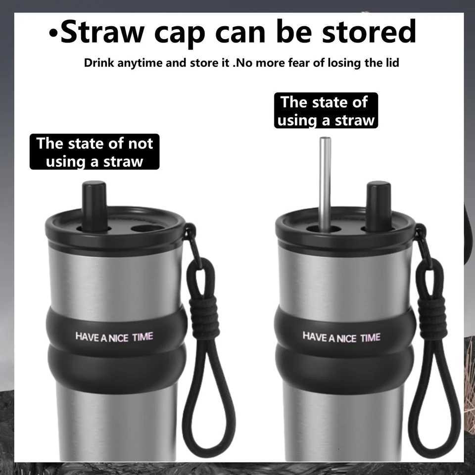 24oz Large Capacity Portable Car Cup Stainless Steel Thermos Cup with Straw Handle Travel Sports Water Bottle Vacuum Flask H251215