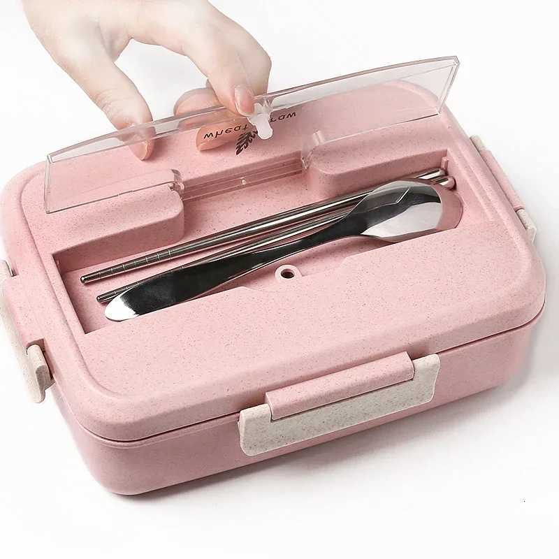 Microwave Lunch Box Wheat Straw Dinnerware with Spoon Chopsticks Food Storage Container Children Kids School Off Bento Box H251213