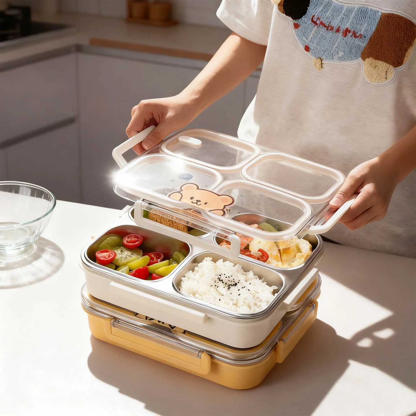 304 Stainless Steel Bento Lunch Box With 2/3/4 Cpartments Microwave Safe Portable Leak-proof Food Container For Kids Students H251213