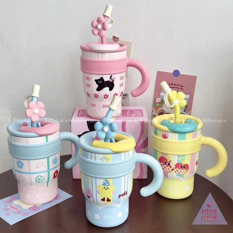 700/1200ml Stainless Steel Thermos Bottle Cute Ins Cat Straw Cup Large Capacity Water Bottle Car Outdoor Travel Coffee Mug Gift H251215