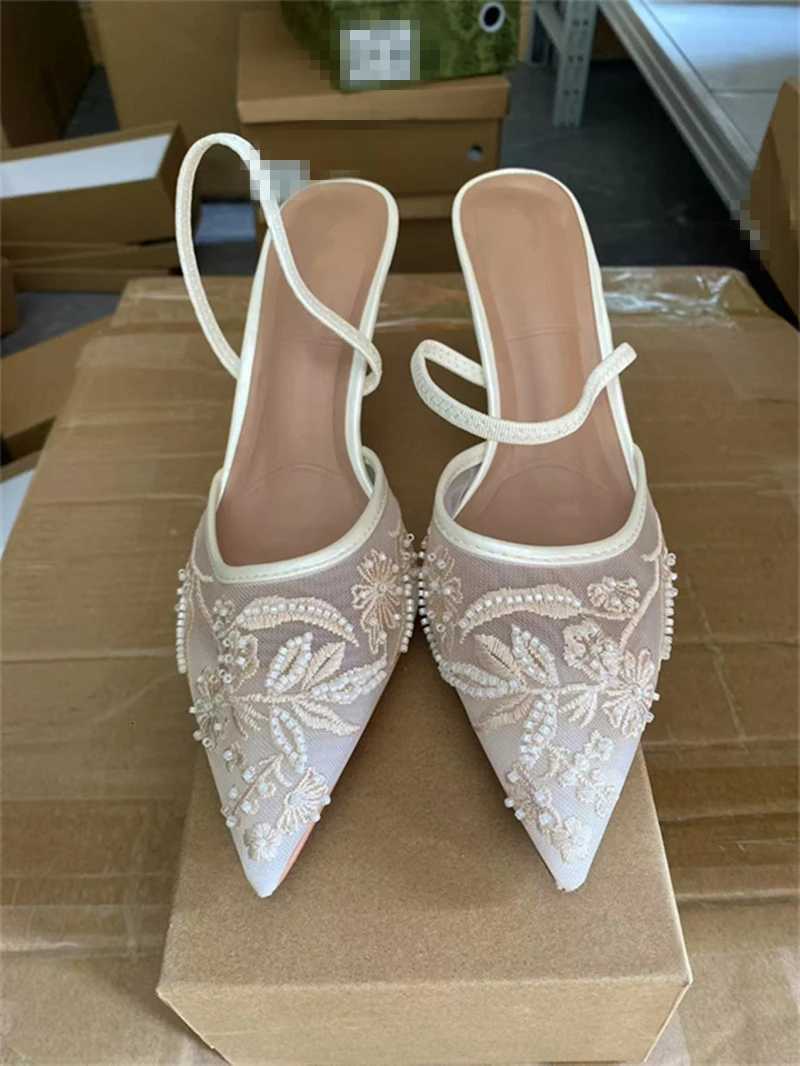 Womens Mesh Floral Embroidered Slingback High Heels Female Open Heel Pearl Studded Pointed Toe Sandals Sexy Stiletto Lady Mules Z251211