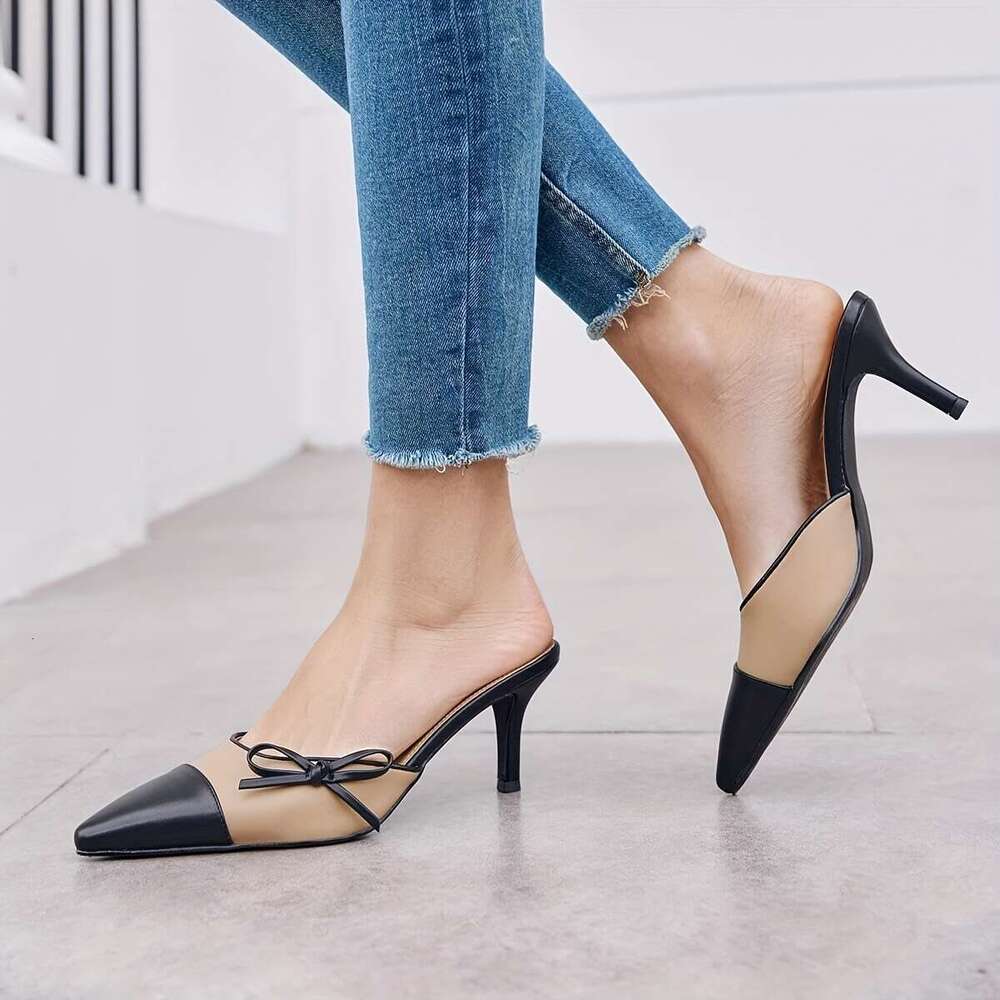 Womens Bow Tie Mules Heels Two Tone Closed Pointed Toe Slip On Backless Wedding Dress Shoes Pumps
