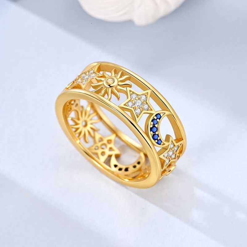 Original 925 Sterling Silver Ring Golden Stars Moon Heart Zircon Finger Ring For Women Jewelry Wedding Engagement Birthday Gift M251215