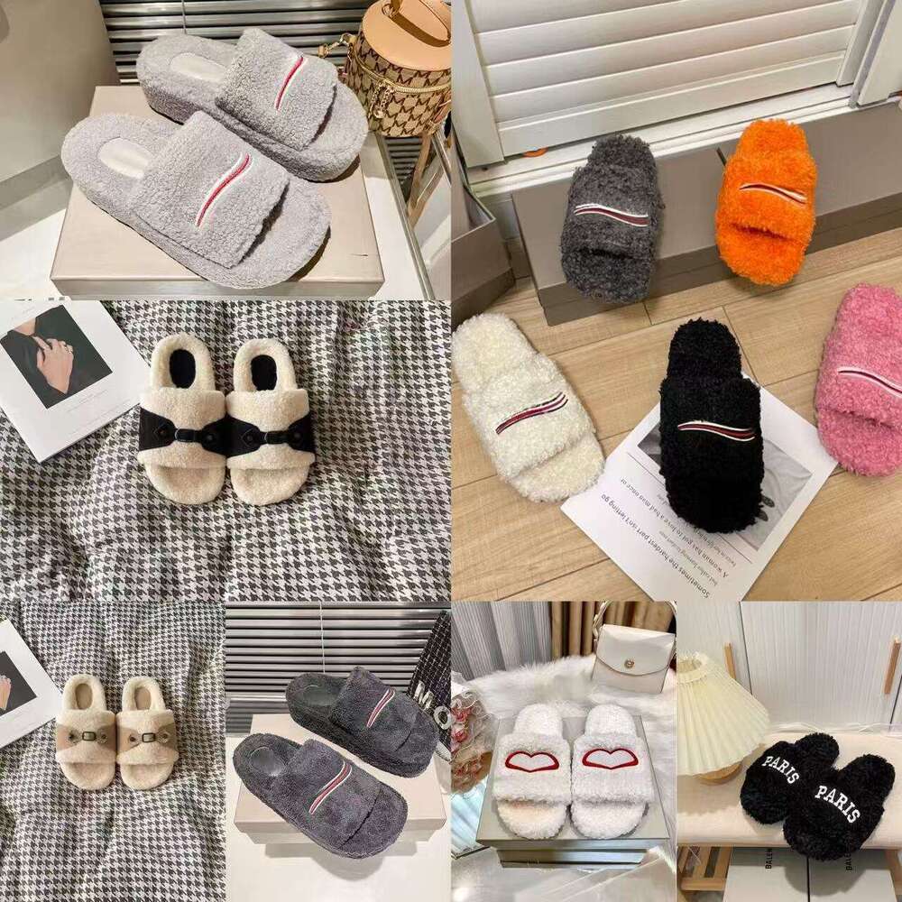 Furry Slides Designer Men Women Pool Slippers Ladies Wool Black Winter Fluffy Warm Letters Sandals Fuzzy Flip Flop Slides Size 35-45