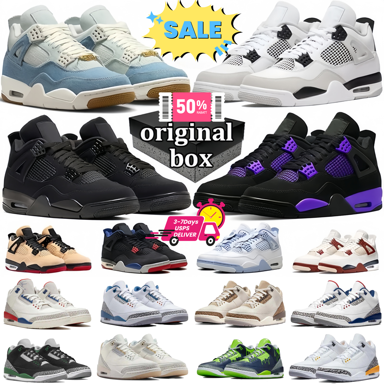 Original Box Jumpmman 4 4s Basketball shoes Men Women Designer Sneakers Worn Blue Panda Military Black Cat 2025 Purple Thunder Cool Grey Bred Pure Money 3 3s Trainers