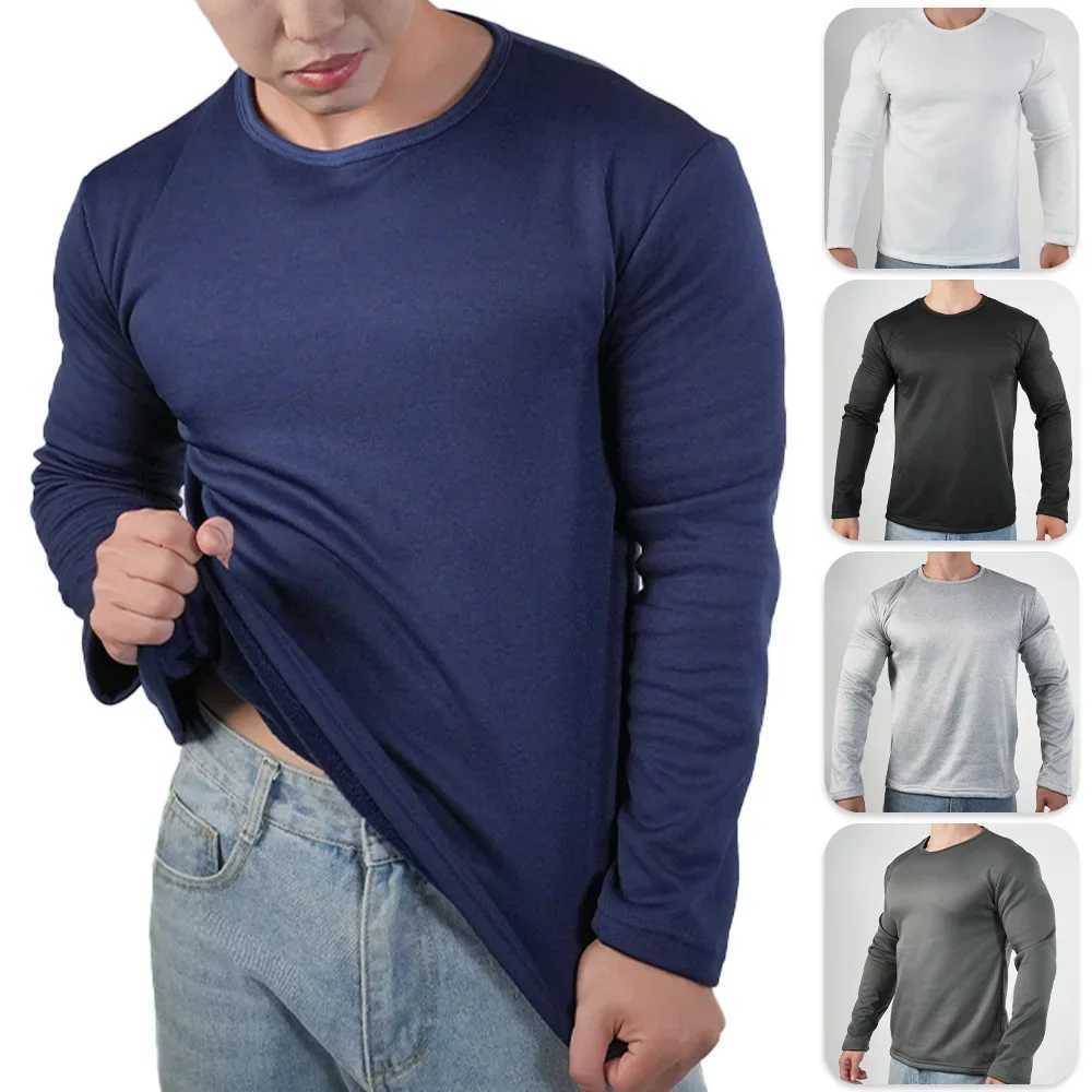 2pcs Winter Thermal Underwear Mens O Neck Fleece Bottoming Shirt Long Sleeved T Shirt Tops Solid Color Large Size Undershirt G251215