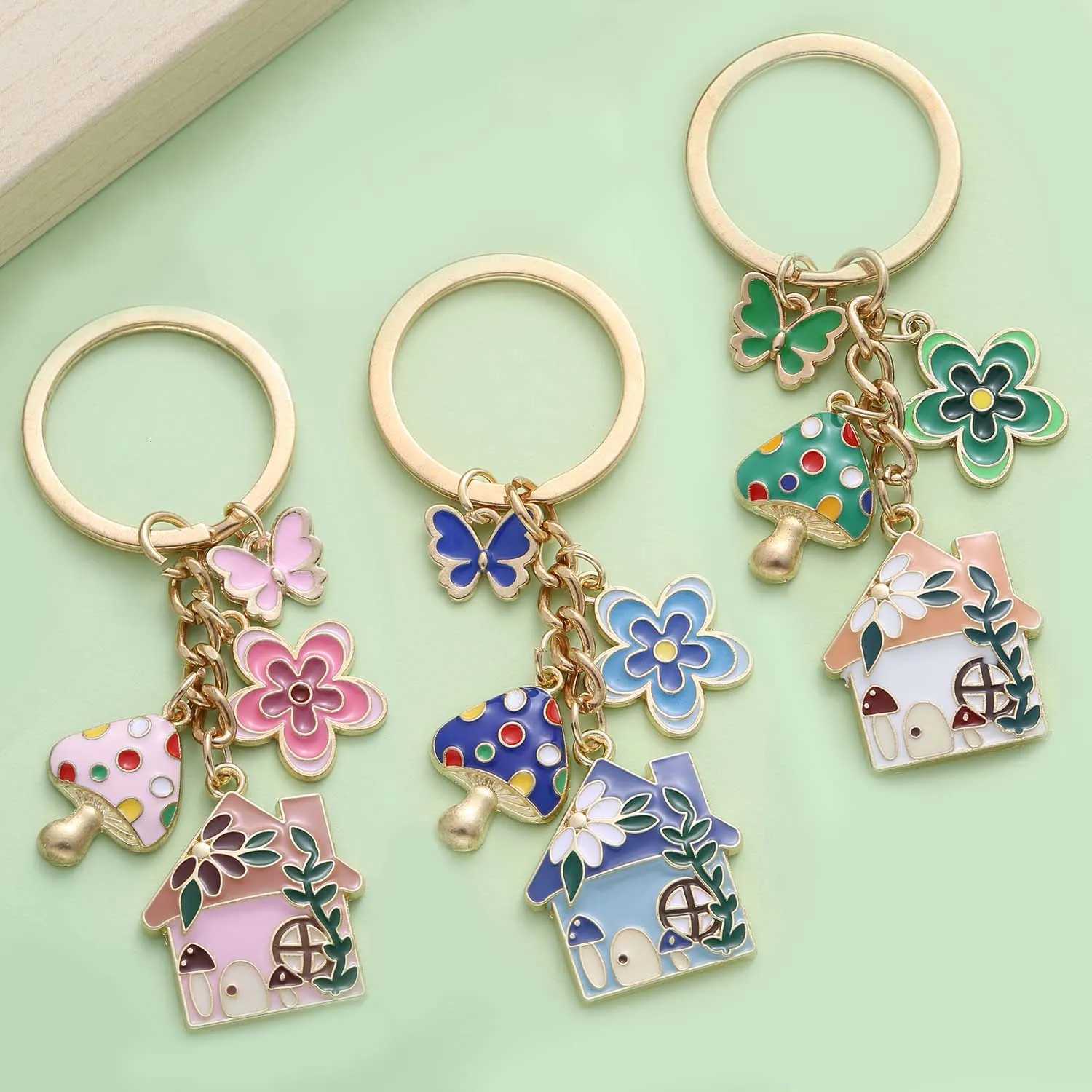 1pc Colorful Fairy Tale Keychain Enamel Mushroom House Flower Butterfly Charms Key Ring For Car Keys Backpacks Wallets M251215