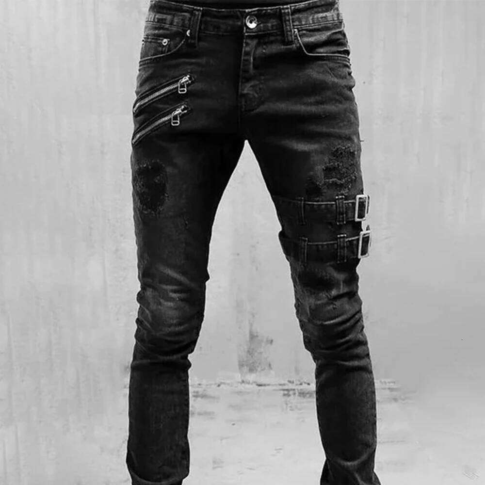 Men's Retro Moto Biker Straight Elastic Jeans Zipper Distress Hole Punk Skinny Denim Cargo Pants Streetwear Y2K Hombre Trousers C251215