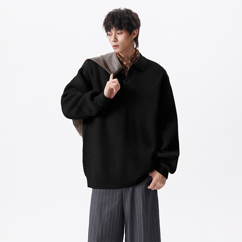Unisex Casual Oversized Polo Sweater - Rib Knit Loose-Fit Pullover, Warm Comfortable Knit Top for Daily Outfits-M451