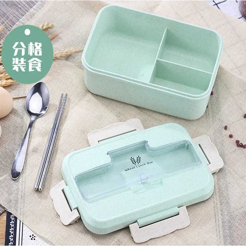 Microwave Lunch Box Wheat Straw Dinnerware with Spoon Chopsticks Food Storage Container Children Kids School Off Bento Box H251213
