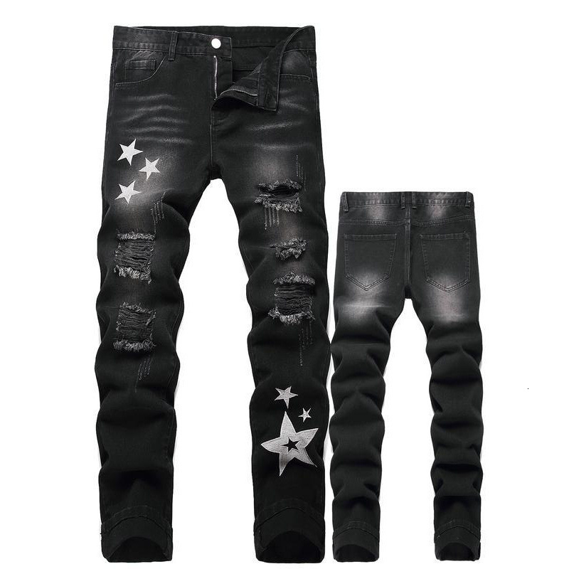 Black Y2K Jeans Mid Rise Straight Leg Man Pants with Silver Star Distressed Ripped Denim Clothing Hip Hop Male Streetwear250828