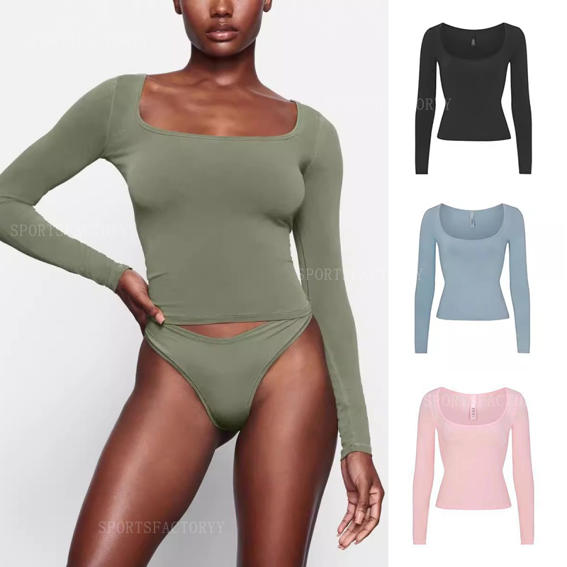 Skims Kardashian Style Square Neck U Neck Modal Stretch Slim Fit Long Sleeve T Shirt Base Shirt Women Top skims set
