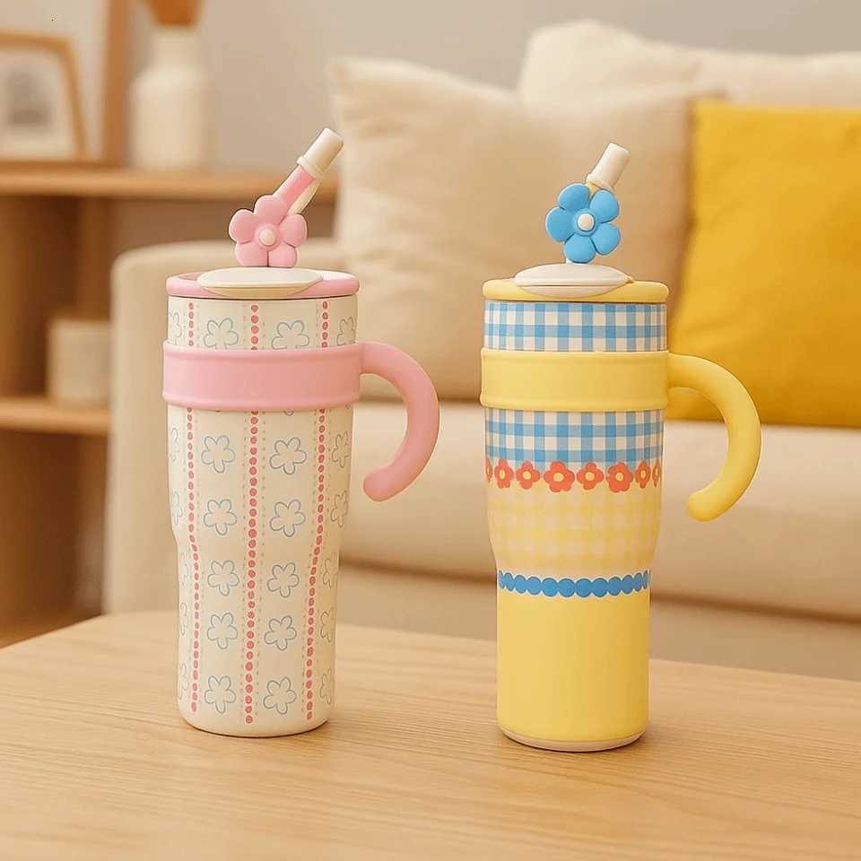 1200ml Straw Thermos Cup Stainless Steel Ceramic Inner Drinking Straw Cup Large Capacity Double Drinking Straw H251215