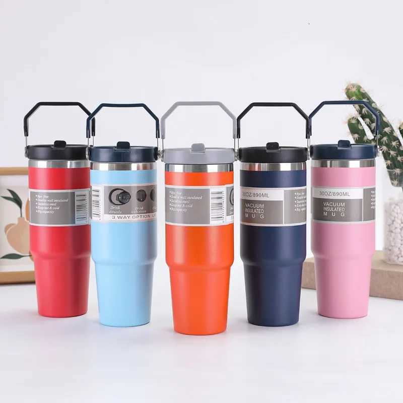 30oz Large Capacity Portable Car Cup Stainless Steel Thermos Cup with Straw Handle Travel Sports Water Bottle Vacuum Flask H251215