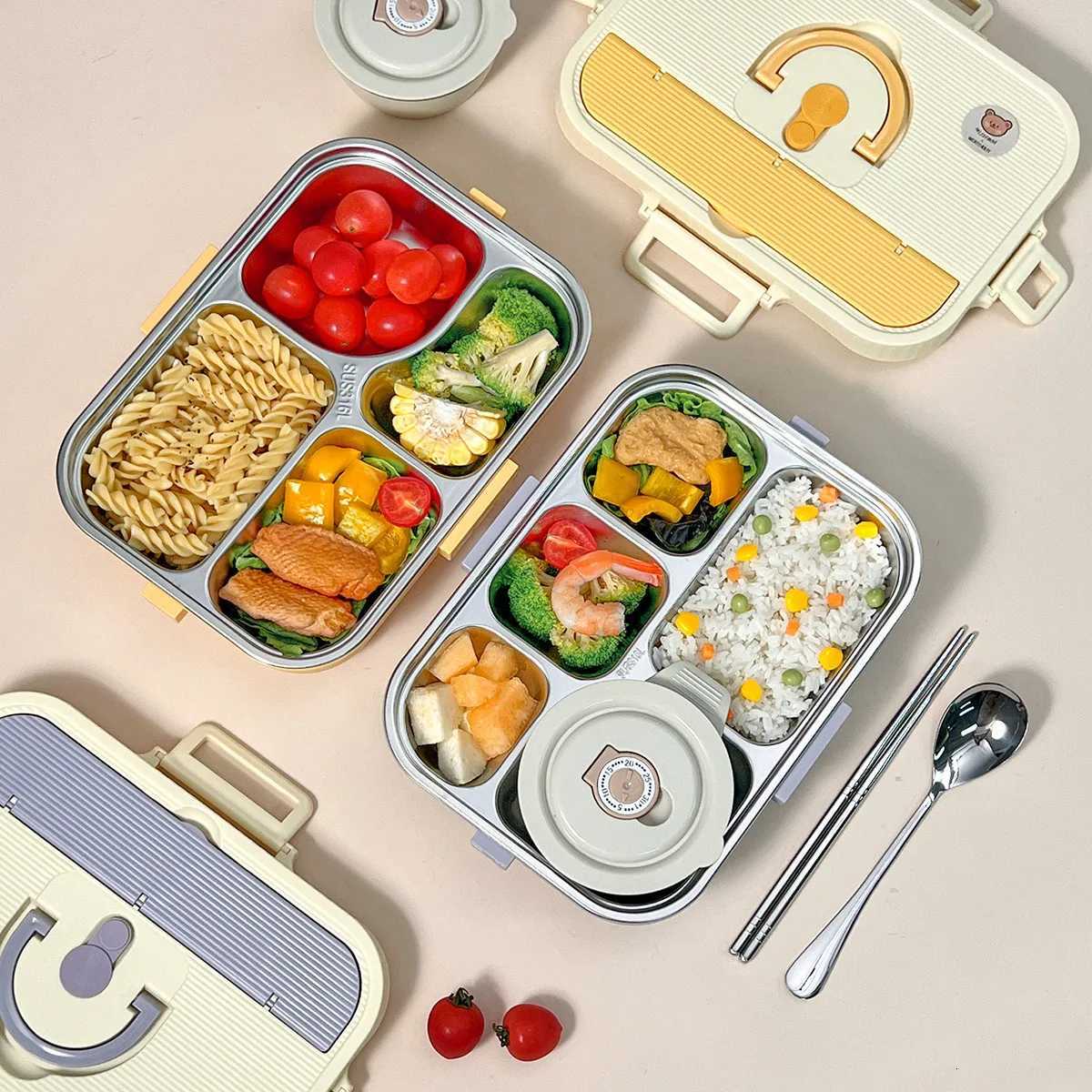 WORTHBUY Large Capacity Lunch Box For Kids Students With Bowl Cutlery 4/5 Grids Sed 304 Stainless Steel Food Container Set H251213