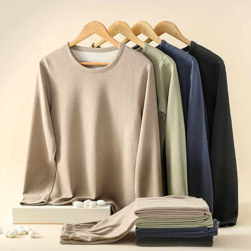 Mens Winter Underwear Set Warm Fleece Lined T Shirt Thick Crew Neck Solid Basic Pants Two Pieces Thermal Underwear Clothing G251215