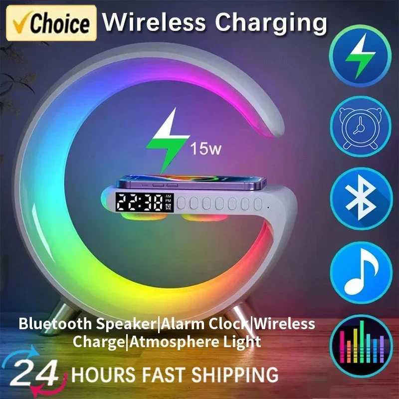Multifunction RGB Light Bluetooth Speaker Alarm Clock 15W Wireless Charger Stand Pad For iPhone Samsung Fast Charging Station X251215