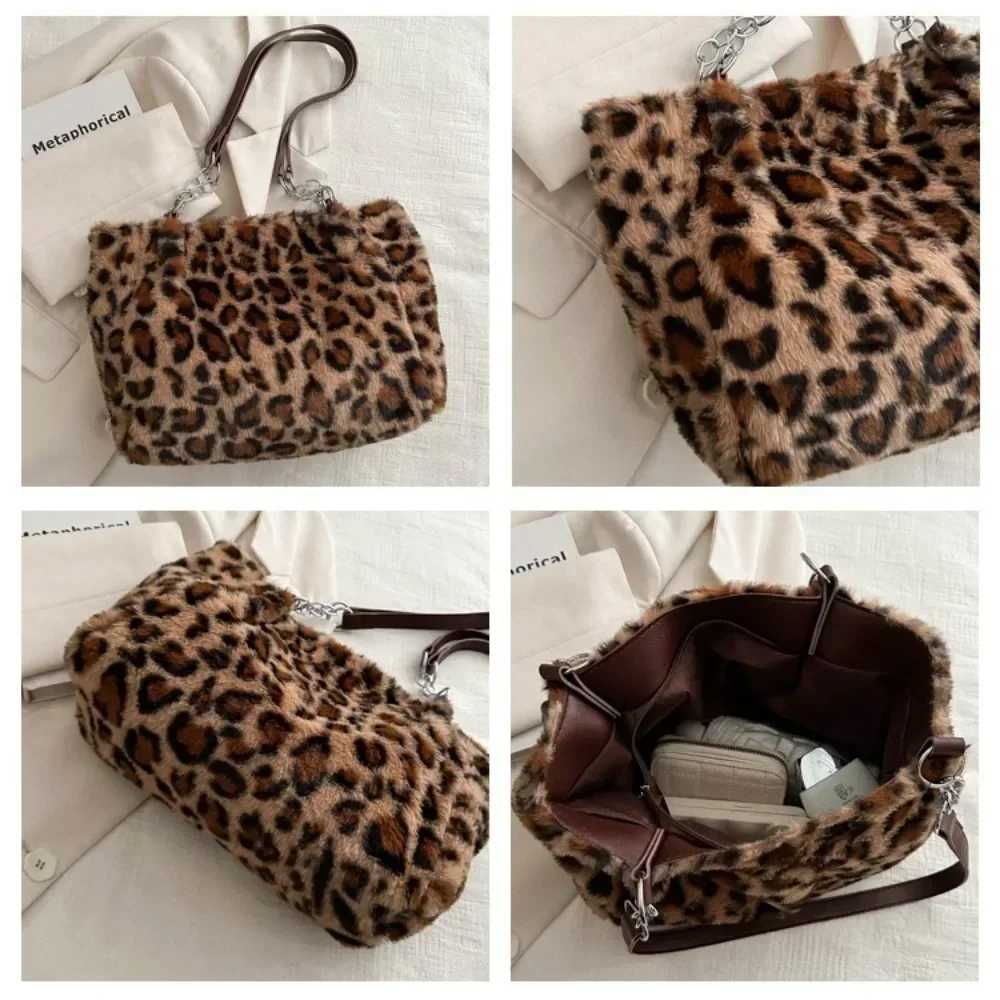 Winter Fashion Leopard Print Plush Womens Bags Are Versatile Casual Trendy Premium Texture Large Capacity Shoulder HandbagT251215