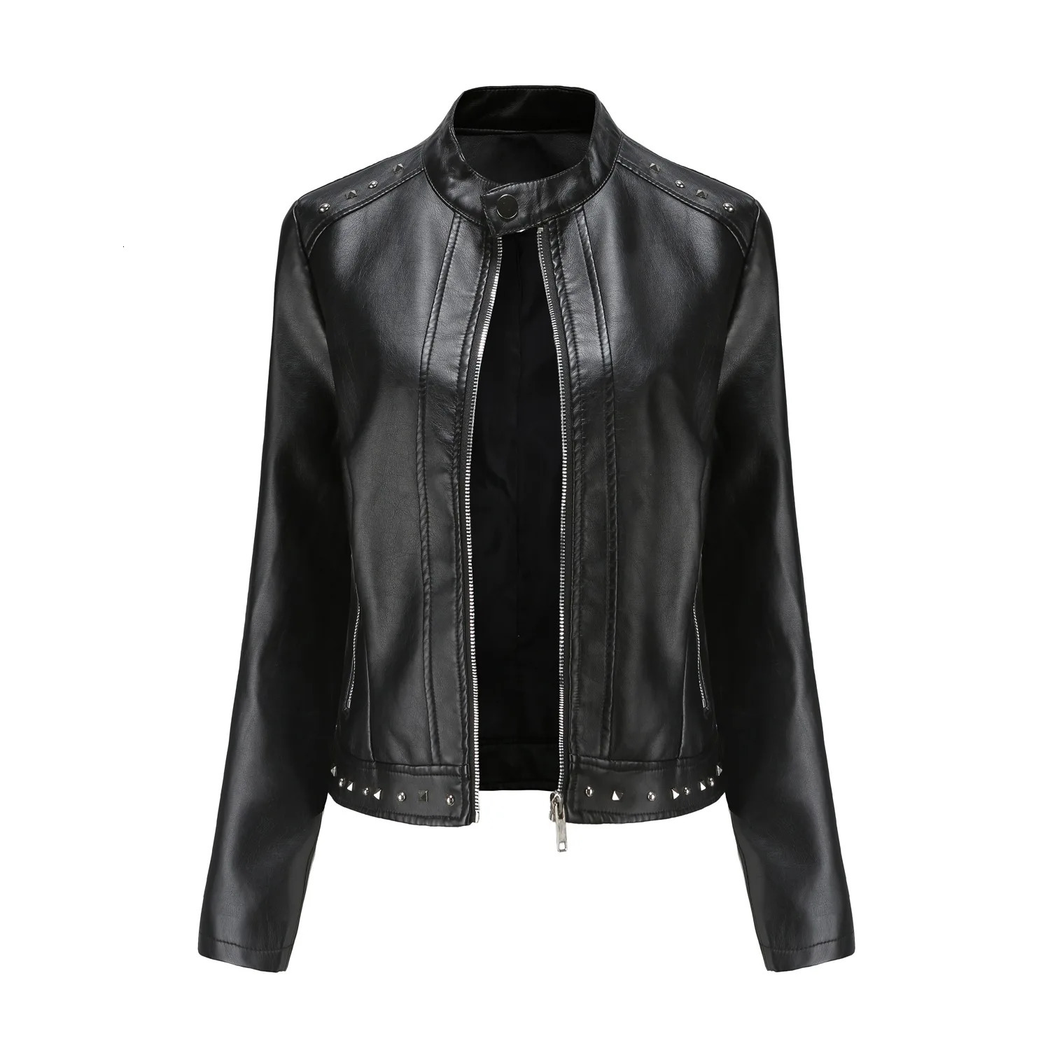 2025 Zipper leather jacket motorcycle topThis years trend Womens PU Leather Jacket Rivet Coat 251205