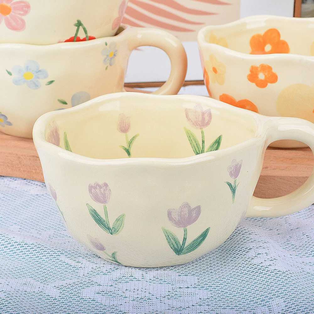 Ceramic gs Coffee Cups Hand Pinched Irregar Flower Milk Tea Cup Ins Korean Style Oatmeal Breakfast g Drinkware Kitchen H251215