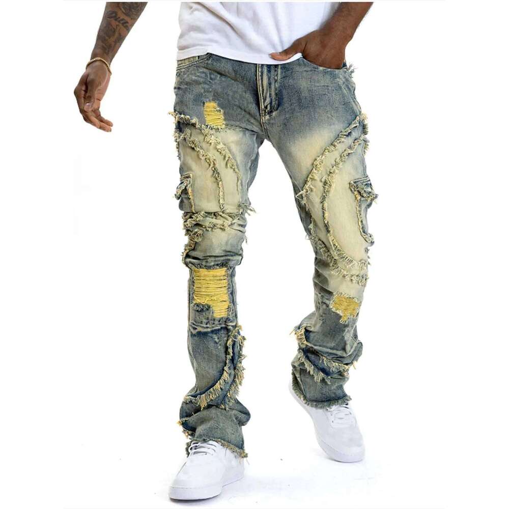 2025 New European and American men's casual jeans, street punk fashion, retro, ripped hole, slightly flared tassel elastic jeans C251215