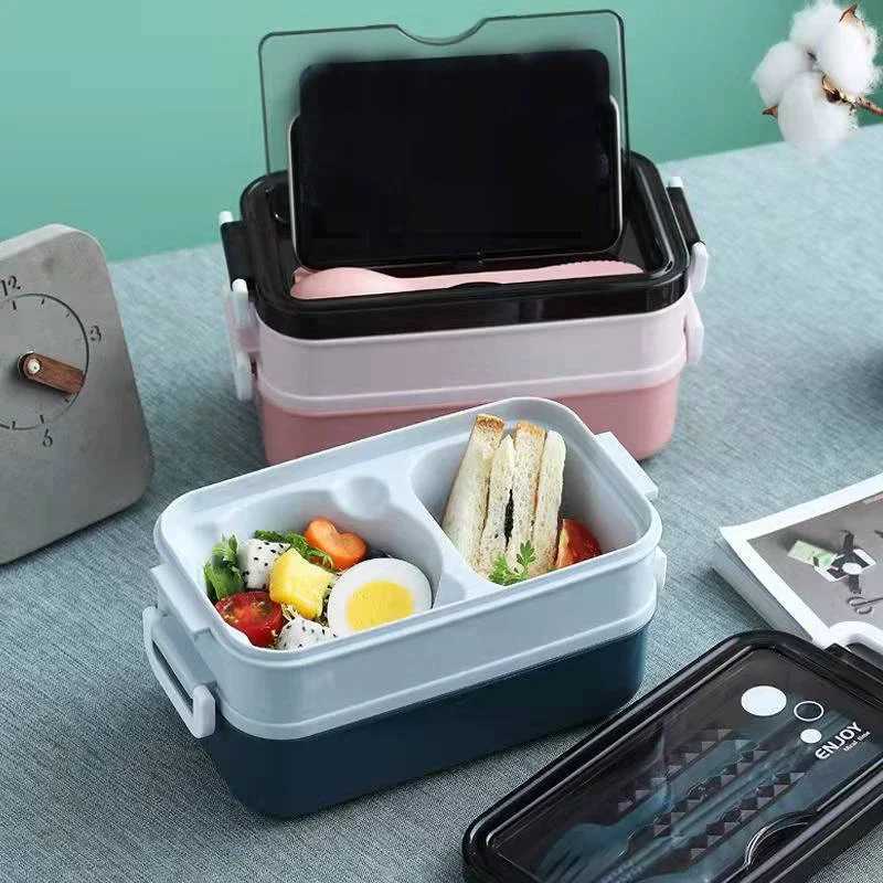 1pc 1400ml Double-layer Lunch Box Portable Cpartment Food Box Microwave Lunch Box With Fork Chopsticks And Spoon Picnic Fresh H251213