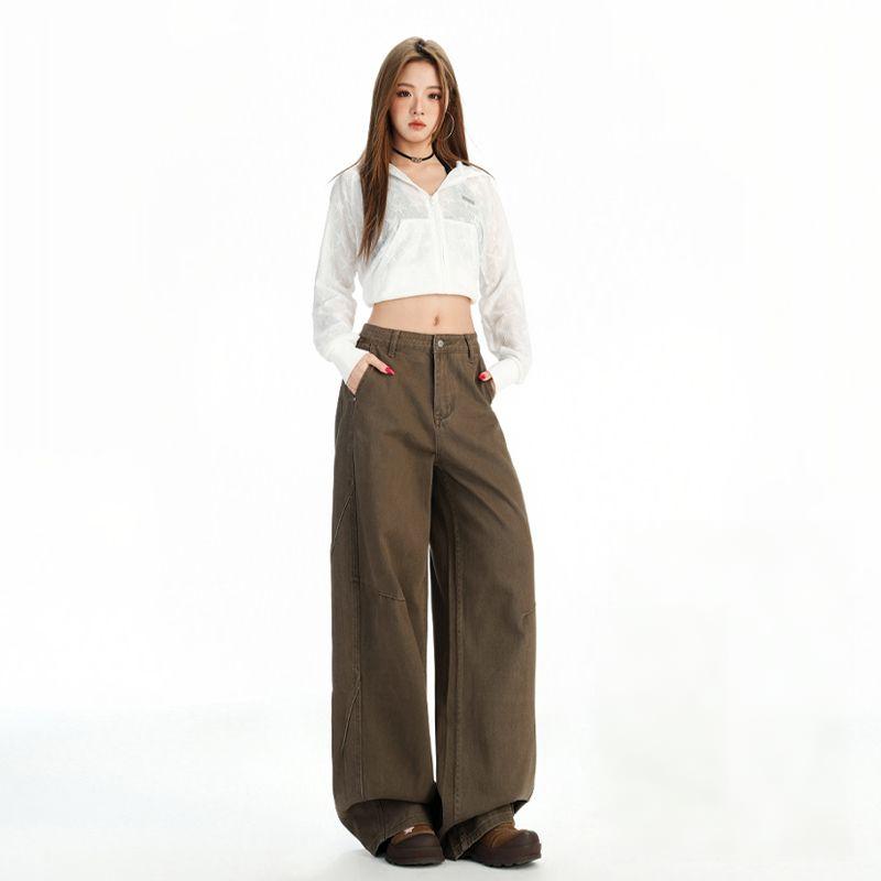 Brown-brown American vintage washed distressed jeans for men and women, loose straight-leg wide-leg pants---6603