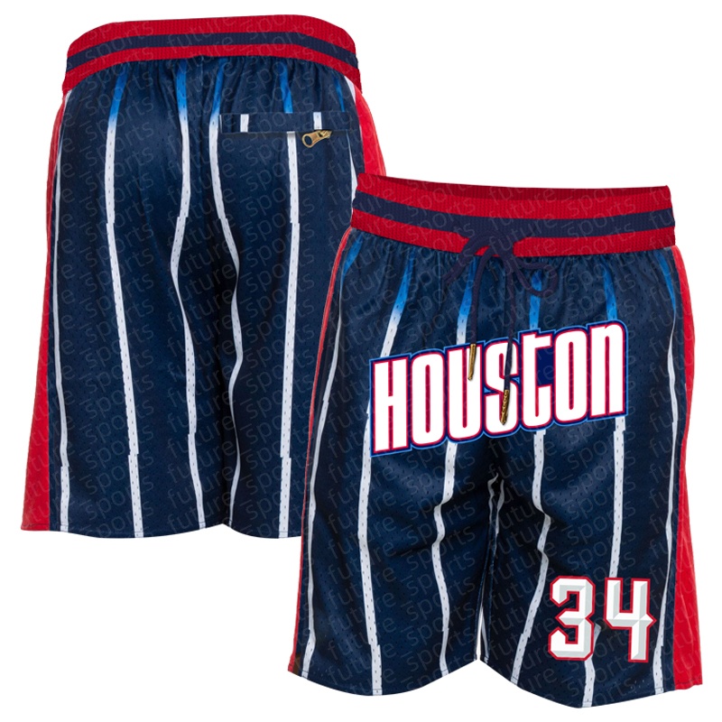 Men's 34 deep blue striped classic basketball shorts, retro HOUSTON embroidered zipper design, street fashion outdoor sports training pants