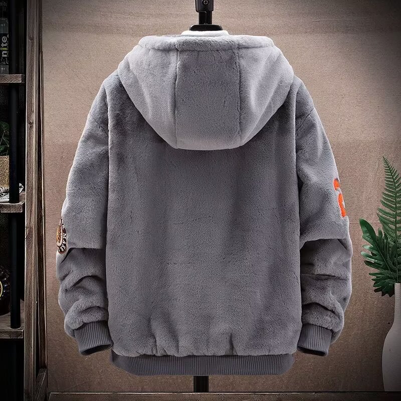 Men's Sherpa-Lined Padded Jacket - Autumn/Winter Trendy Stand-Up Collar Faux Mink Fleece Thickened Plush Outerwear for Teens