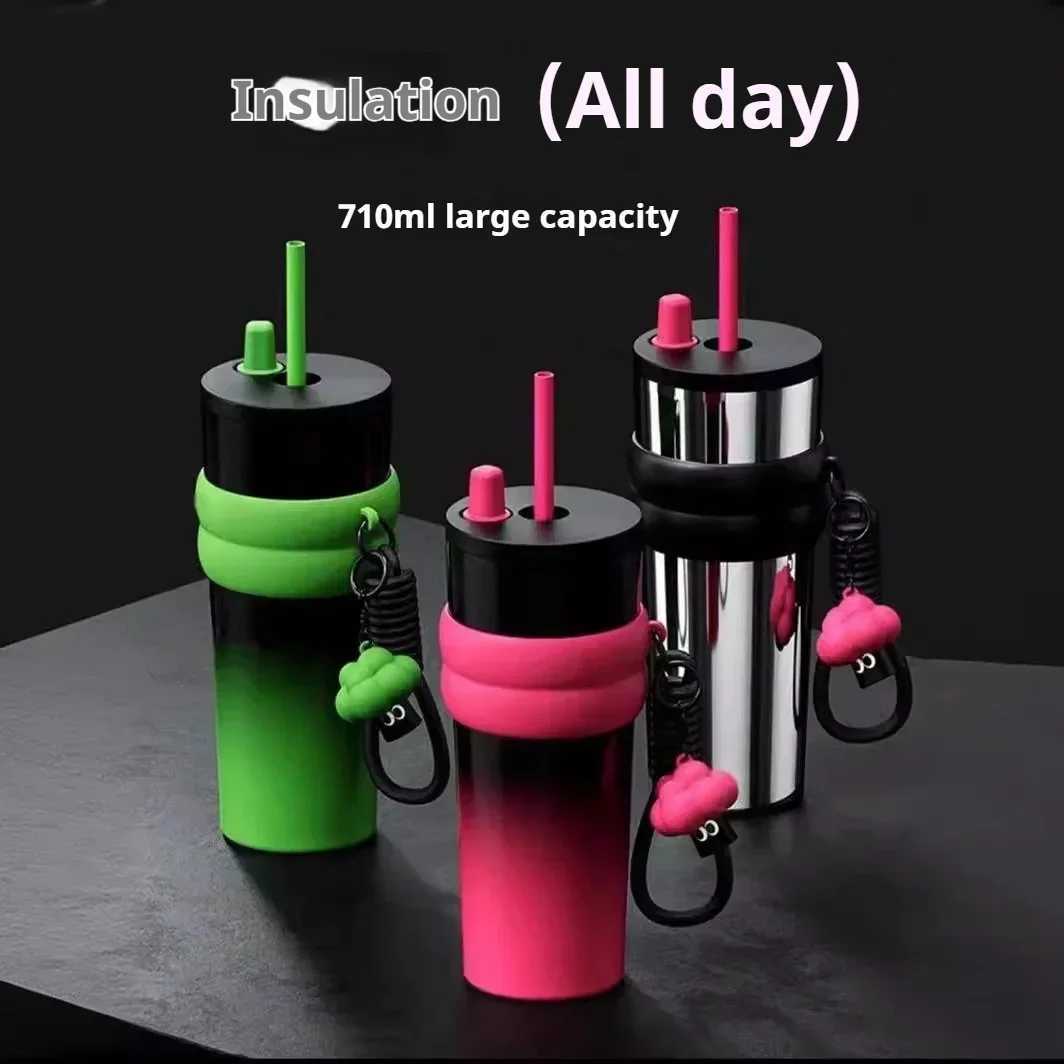 Stainless Steel Thermos Cup Large Capacity Car Coffee Cup Tea Water Bottle Vacuum Flask Portable Cups Cute Straw cup H251215