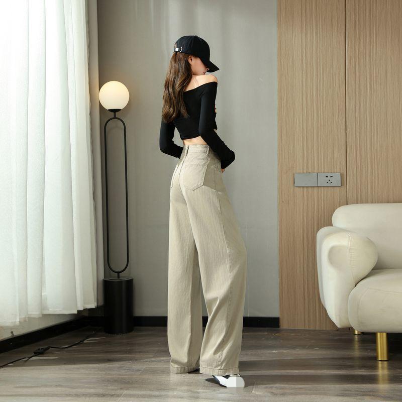Women's Khaki Wide-Leg Jeans - Pleat-Draped Loose Straight Floor-Length Pants---7945---2