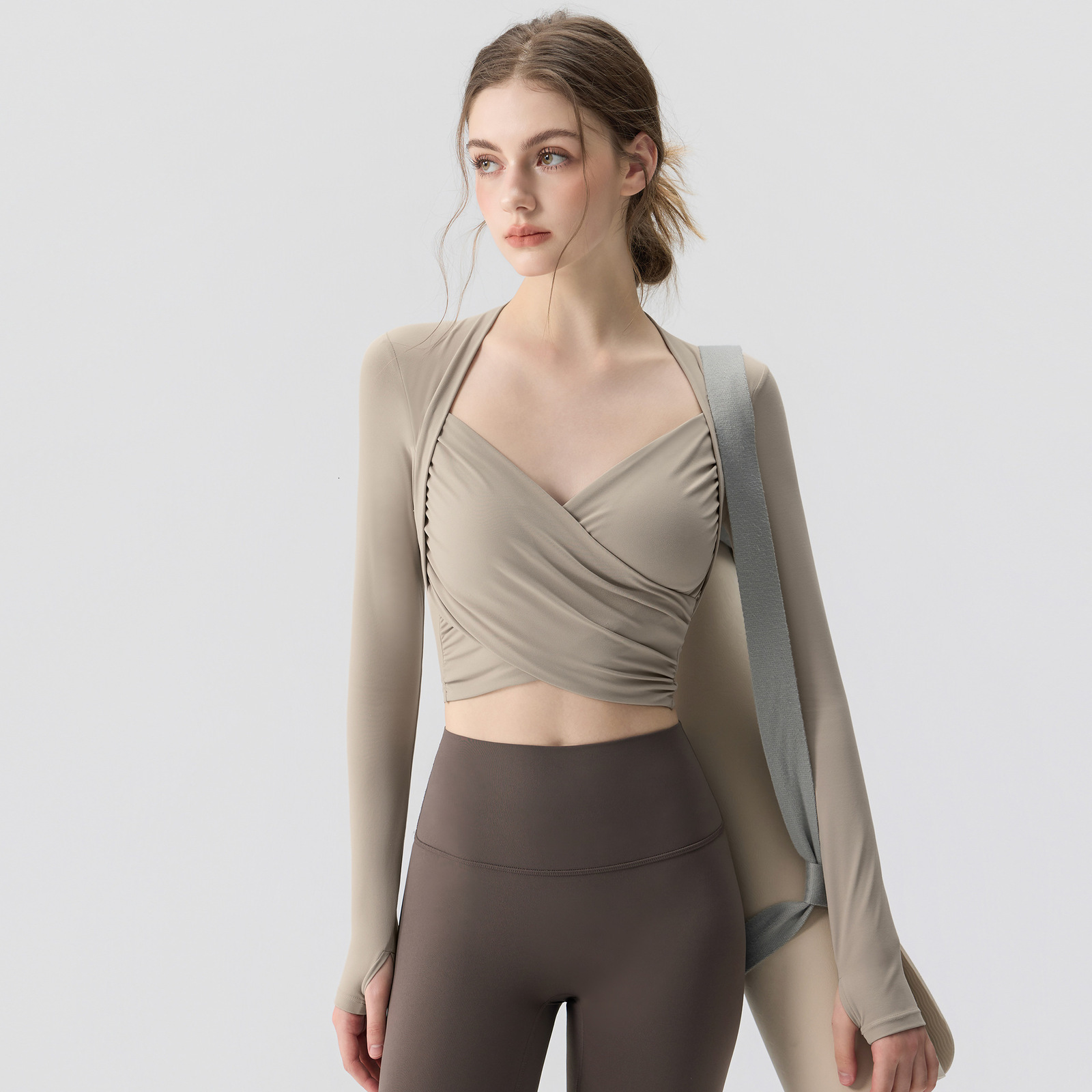 Pure desire sweet and spicy style long sleeved western-style base shirt V-neck slim fit and slimming inner top for women 250314