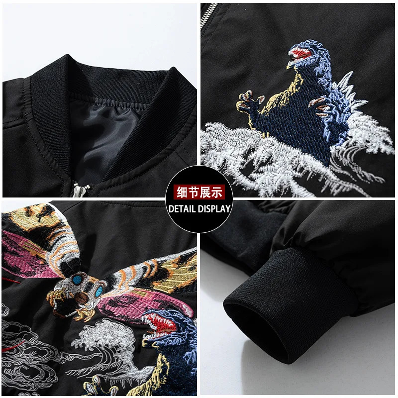 Black Mothra Sukajan Souvenir Jacket Men Boys Vintage Loose AllMatch High Street Coats Letterman Varsity Award Jackets 251212